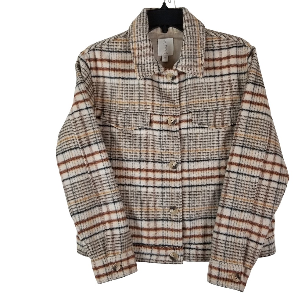 Joie Plaid Shacket Women Size M Beige Brown Wool Blend Button Front Shirt Jacket